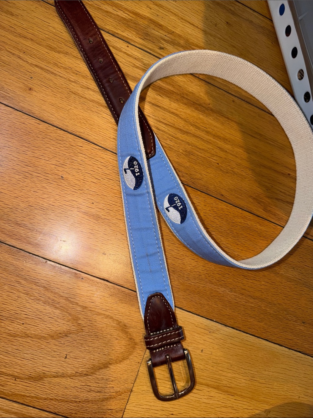 Light Blue Canvas Men's Belt with Brown Leather Trim